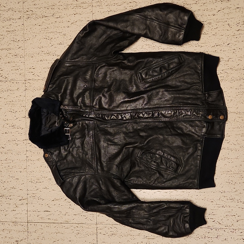Sean John Heavyweight Full Zip Embroidered Leather Fur Collared Jacket Vintage